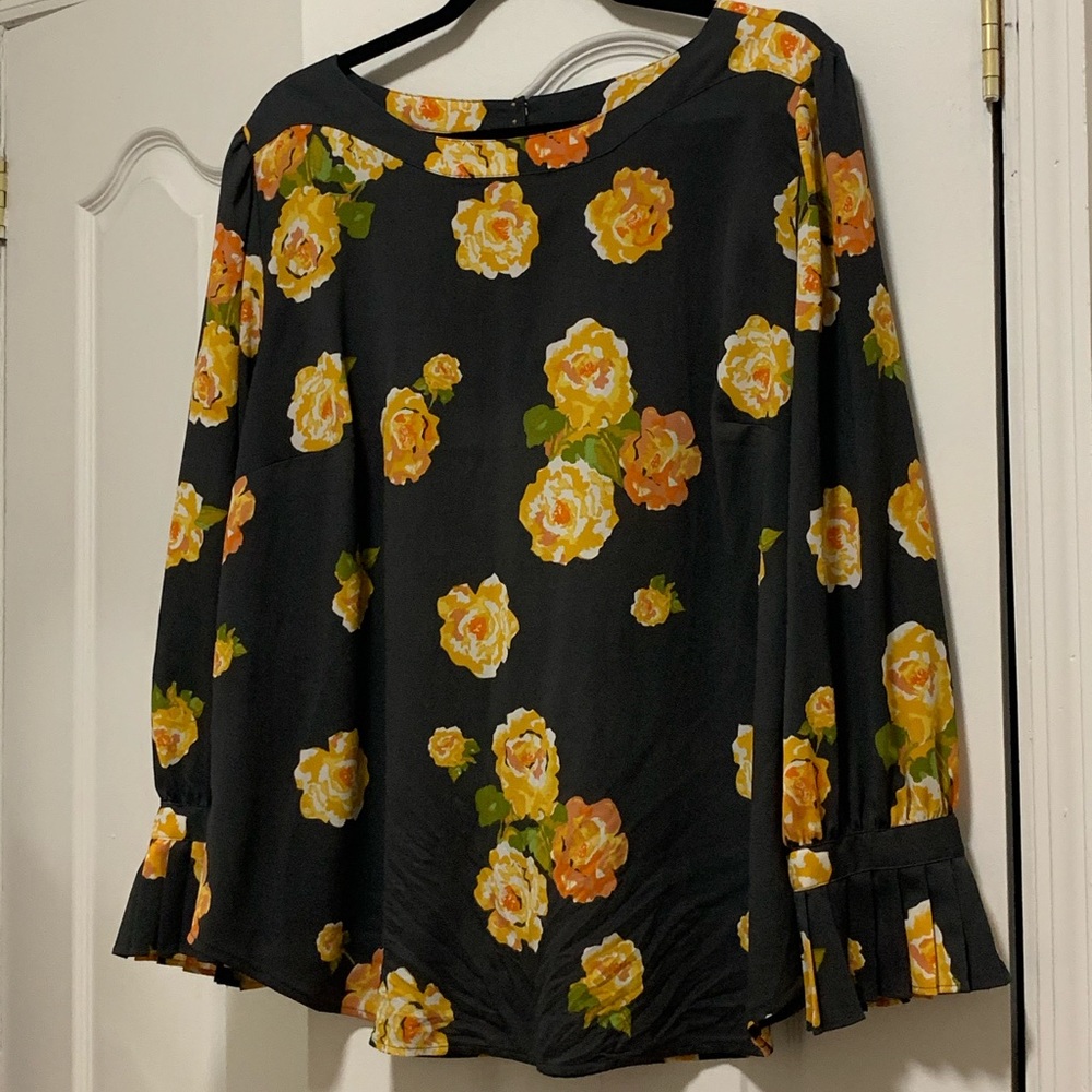 Grey Floral Work Top With Bell Sleeves